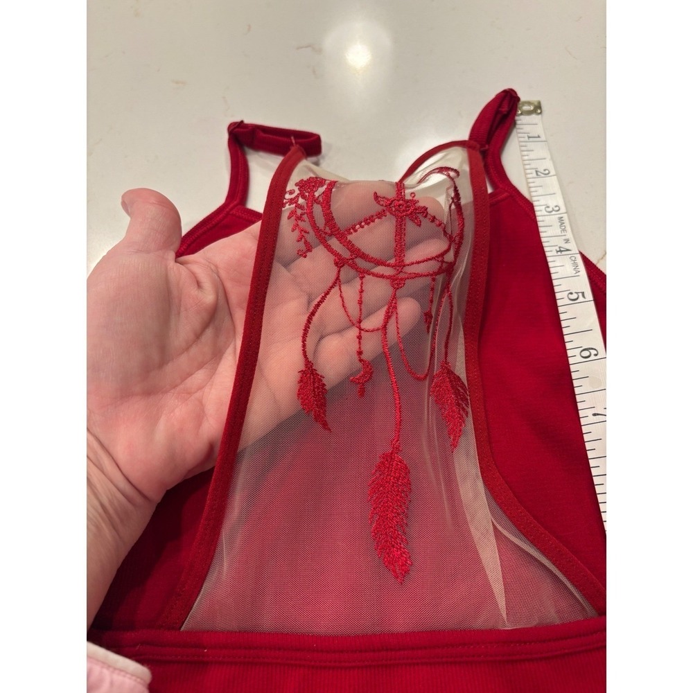 Red Ribbed High Neck Bralette Mesh Peace Dreamcatcher Back‎ Festival Crop Top - Picture 4 of 5